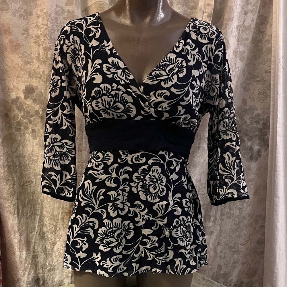 INC International Concepts Black and White Floral Y2K Blouse